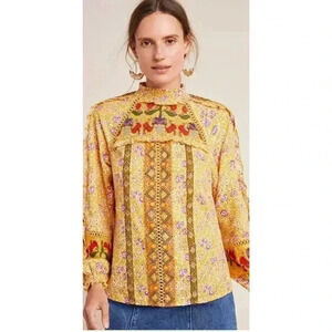 NWT Maeve Anthropologie Goldie Embroidered Yellow Floral Ruffle Blouse. Size 6P